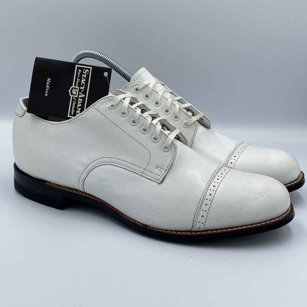 Stacy Adams Madison Cap Toe Oxford White Kidskin Leather Men's 9.5 D Dress Shoe - Picture 2 of 7